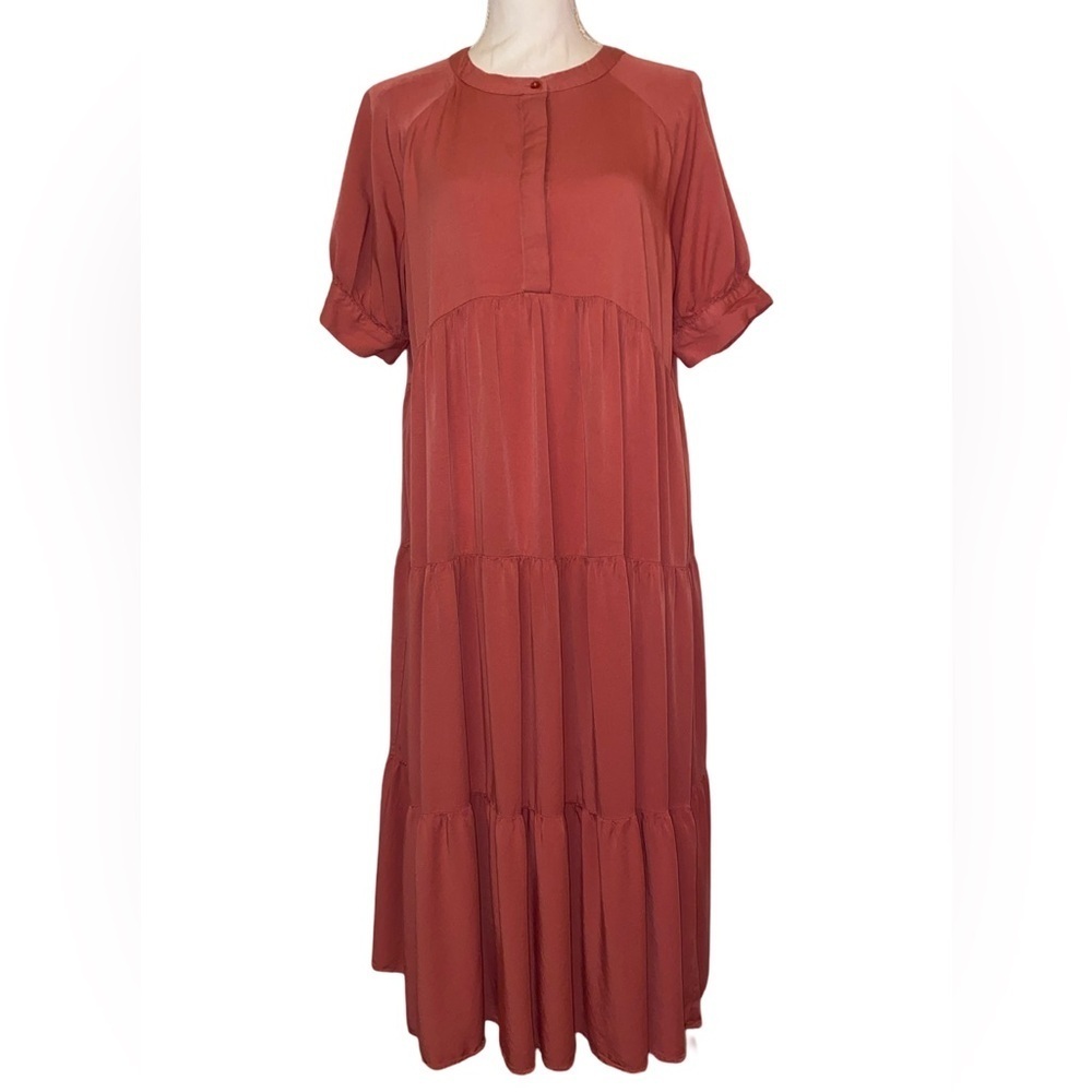 WAVERLY Midi Tiered Lightweight Dress Button Front in Burnt Orange Size Medium